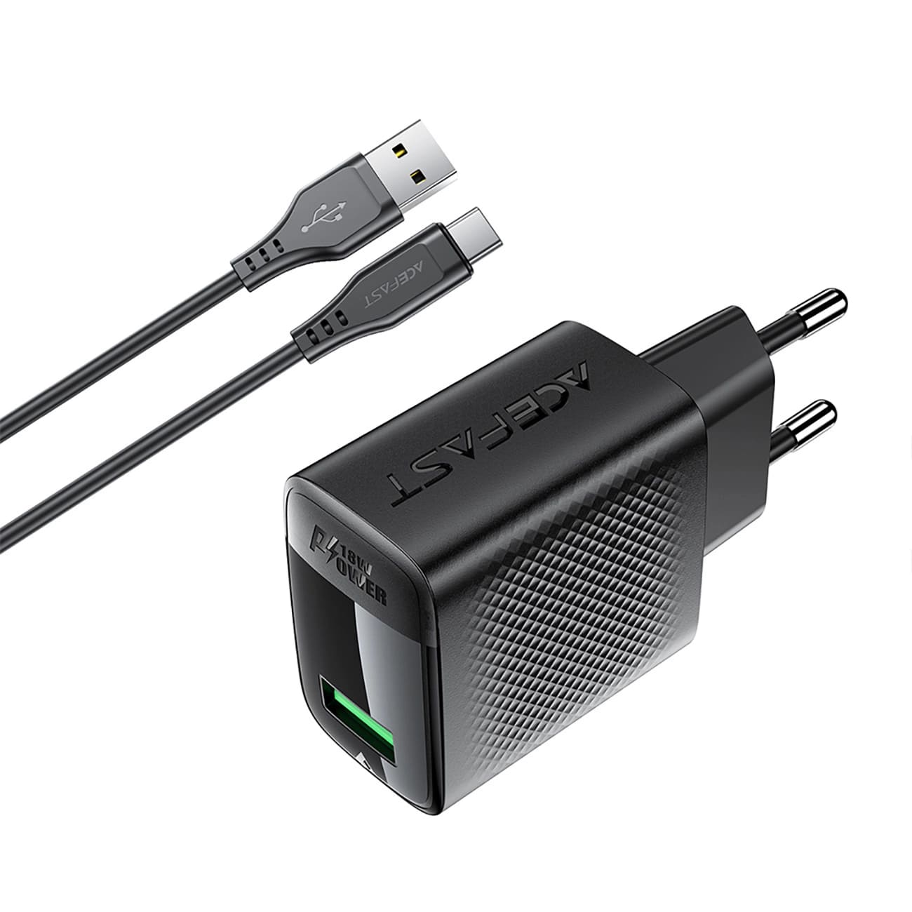 Caricabatterie da Rete con Cavo USB-C Acefast A90, 18W, 3A, 1 x USB-A, Nero