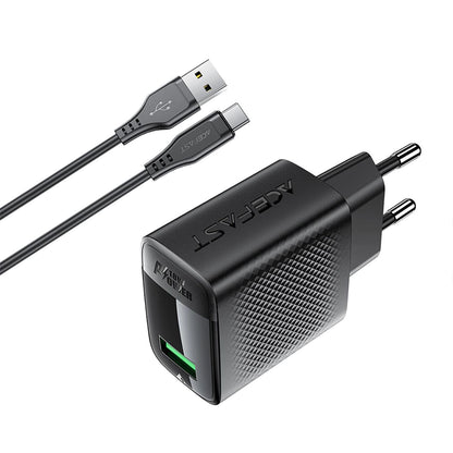 Caricabatterie da Rete con Cavo USB-C Acefast A90, 18W, 3A, 1 x USB-A, Nero