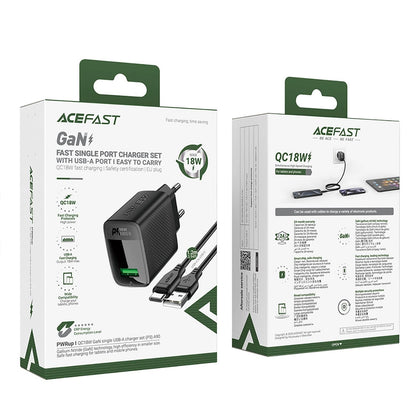 Caricabatterie da Rete con Cavo USB-C Acefast A90, 18W, 3A, 1 x USB-A, Nero