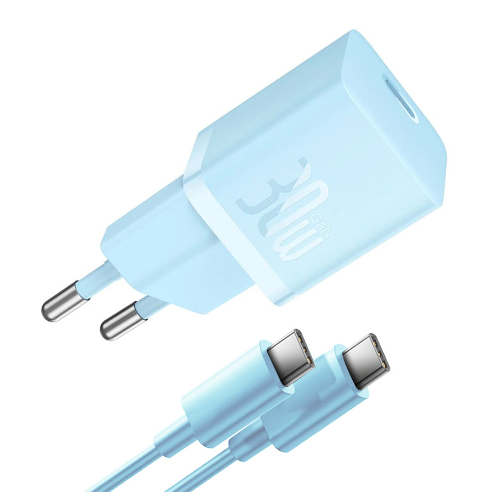 Network Charger with USB-C Cable Baseus GaN Mini 1C, 30W, 3A, 1 x USB-C, Blue P10110902313-00