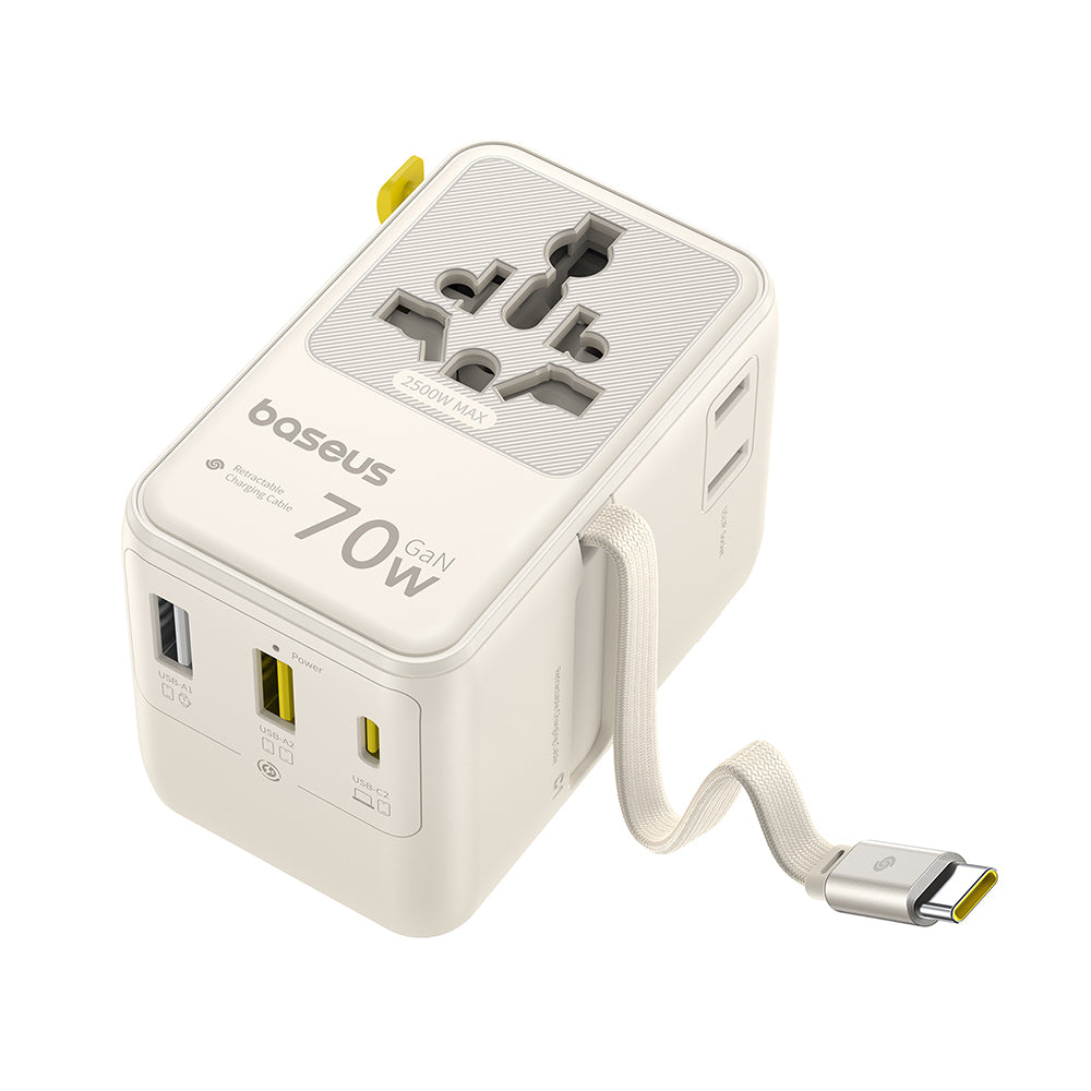 Chargeur secteur avec câble USB-C Baseus Travel EnerCore CG11, 70W, 2 x prise - 1 x USB-C - 2 x USB-A, blanc E0307E01