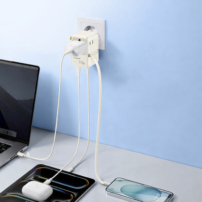 Chargeur secteur avec câble USB-C Baseus Travel EnerCore CG11, 70W, 2 x prise - 1 x USB-C - 2 x USB-A, blanc E0307E01