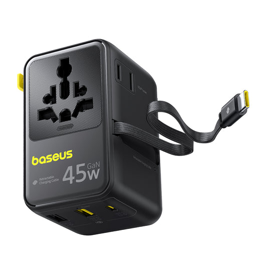 Caricatore da rete con cavo USB-C Baseus Travel PicoGo AG11, 45W, 2 x Presa - 1 x USB-C - 2 x USB-A, Nero E0307F00