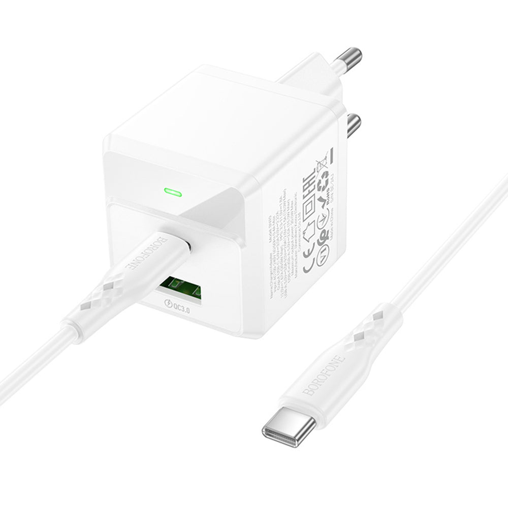 Chargeur réseau avec câble USB-C Borofone BN19 Intenso, 20W, 3A, 1 x USB-A - 1 x USB-C, Blanc