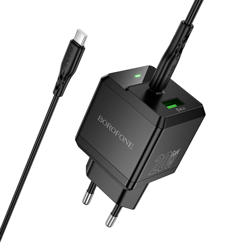 Chargeur réseau avec câble USB-C Borofone BN19 Intenso, 20W, 3A, 1 x USB-A - 1 x USB-C, Noir