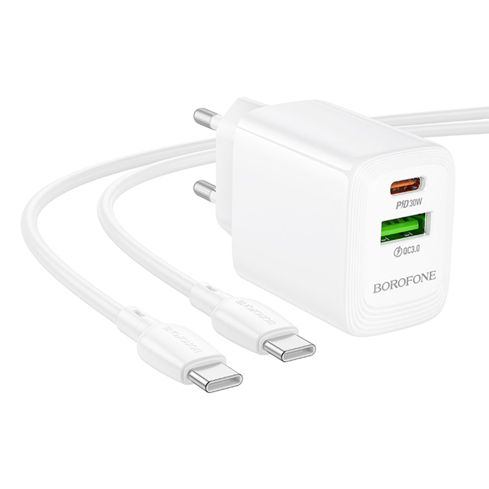 Caricabatterie Rete Con Cavo USB-C Borofone BN29 Fuente, 30W, 3A, 1 x USB-A - 1 x USB-C, Bianco