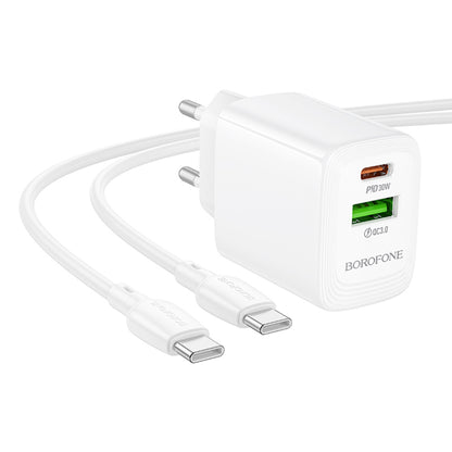 Caricabatterie Rete Con Cavo USB-C Borofone BN29 Fuente, 30W, 3A, 1 x USB-A - 1 x USB-C, Bianco