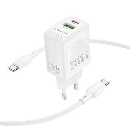 Caricabatterie Rete Con Cavo USB-C Borofone BN29 Fuente, 30W, 3A, 1 x USB-A - 1 x USB-C, Bianco