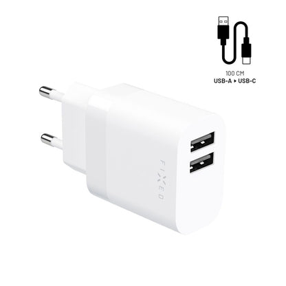 Chargeur réseau avec câble USB-C Fixed, 17W, 3A, 2 x USB-A, Blanc