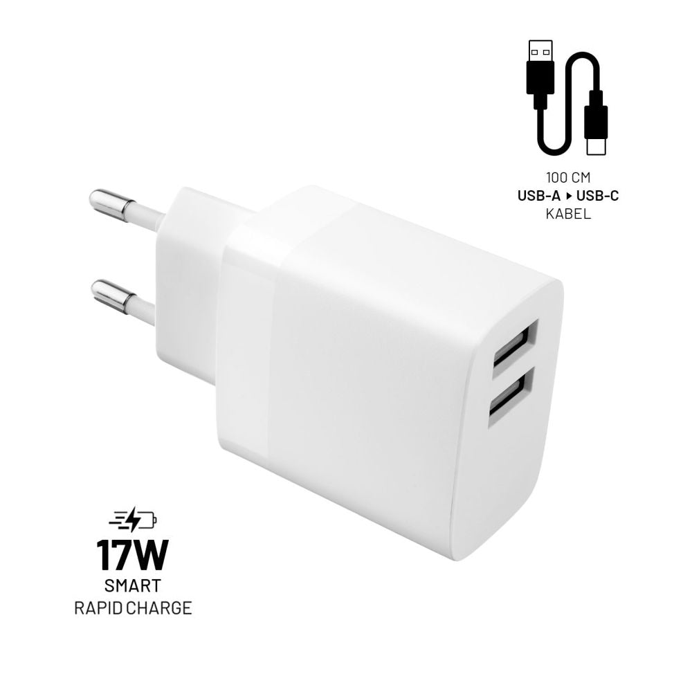 Chargeur réseau avec câble USB-C Fixed, 17W, 3A, 2 x USB-A, Blanc