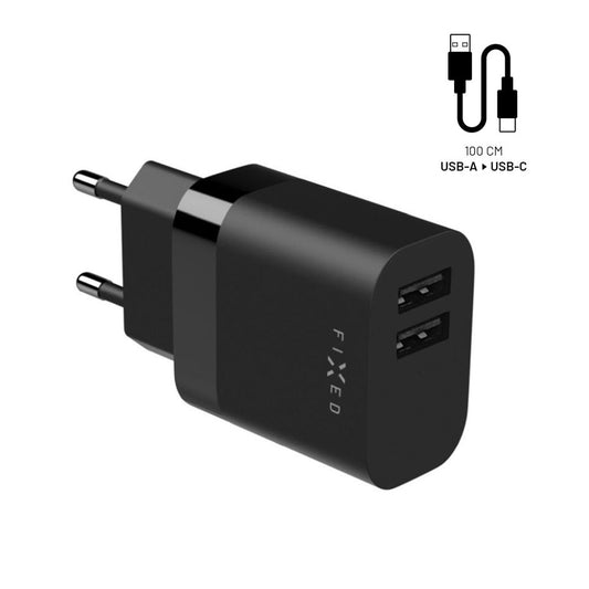Chargeur réseau avec câble USB-C Fixed, 17W, 3A, 2 x USB-A, Noir