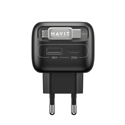 Chargeur Réseau Avec Câble USB-C HAVIT UC251, 35W, 3A, 1 x USB-A - 1 x USB-C, Noir Gris