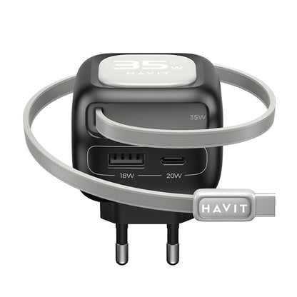 Chargeur Réseau Avec Câble USB-C HAVIT UC251, 35W, 3A, 1 x USB-A - 1 x USB-C, Noir Gris