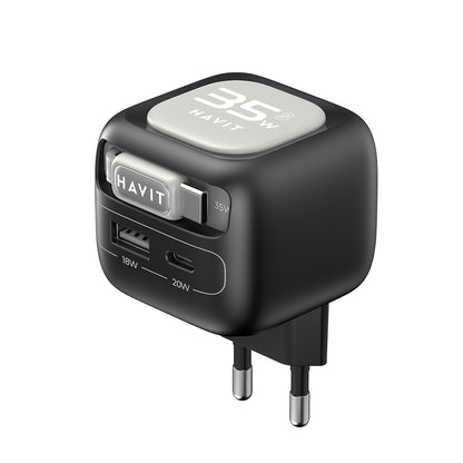 Chargeur Réseau Avec Câble USB-C HAVIT UC251, 35W, 3A, 1 x USB-A - 1 x USB-C, Noir Gris