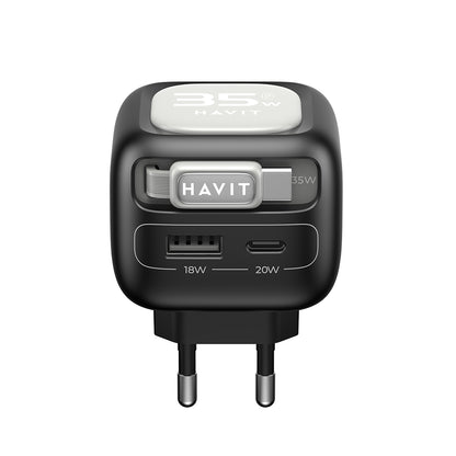 Chargeur Réseau Avec Câble USB-C HAVIT UC251, 35W, 3A, 1 x USB-A - 1 x USB-C, Noir Gris