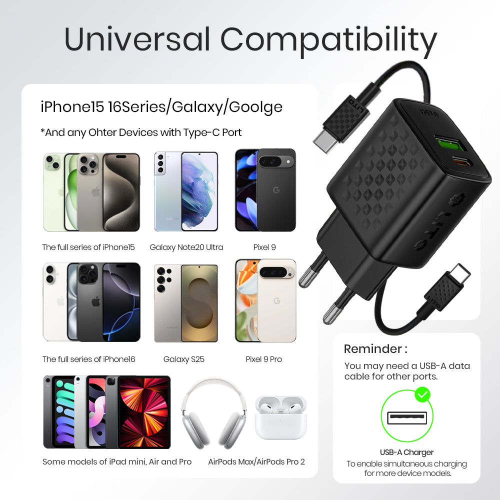 Netzladegerät mit USB-C Kabel Lito LC15T, 20W, 3A, 1 x USB-A - 1 x USB-C, Schwarz