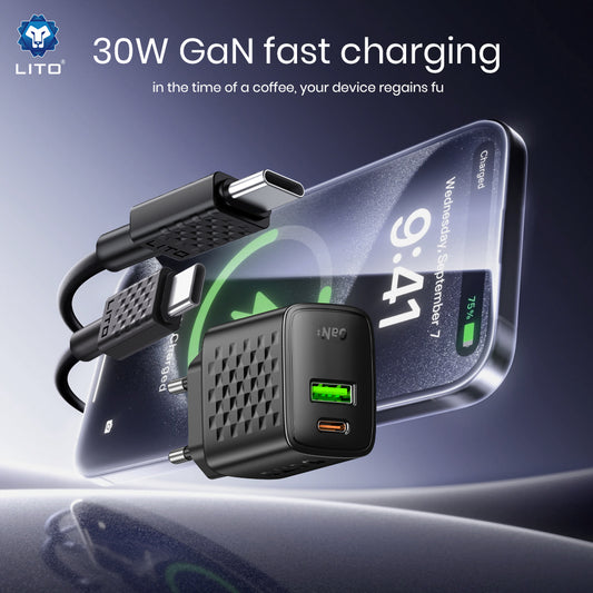 Netzladegerät mit USB-C Kabel Lito LC19T, 30W, 3A, 1 x USB-A - 1 x USB-C, Schwarz