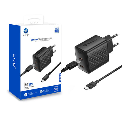 Chargeur réseau avec câble USB-C Lito LC22T, 45W, 3A, 2 x USB-C, Noir