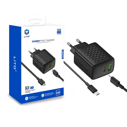 Network Charger with USB-C Cable Lito LC24T, 65W, 3.25A, 1 x USB-A - 1 x USB-C, Black