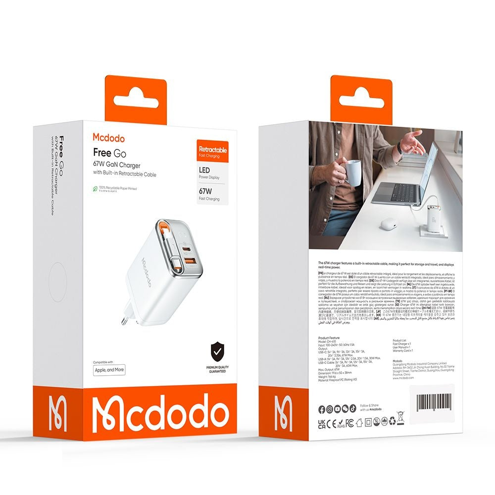 Netzladegerät mit USB-C Kabel McDodo CH-4103 FreeGo Display, 67W, 3.35A, 1 x USB-A - 1 x USB-C, Weiß