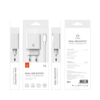 Caricabatterie Rete con Cavo USB-C McDodo CH-6721 Offer, 12W, 2.4A, 2 x USB-A, Bianco