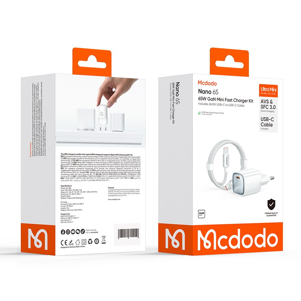 Netzteil mit USB-C-Kabel Mcdodo Nano CH-8263, 65W, 3,25A, 1 x USB-C, Weiß