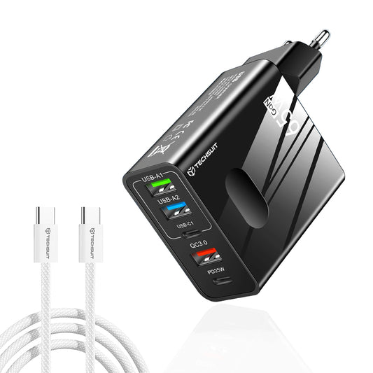 Chargeur réseau avec câble USB-C Techsuit CHC1 PentaXPower, 25W, 3A, 3 x USB-A - 2 x USB-C, Noir