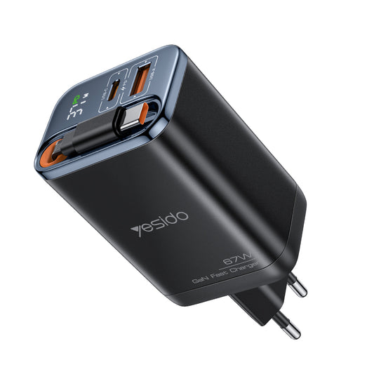 Netzladegerät mit USB-C Kabel Yesido YC100 Display, 67W, 3.35A, 1 x USB-A - 1 x USB-C, Schwarz
