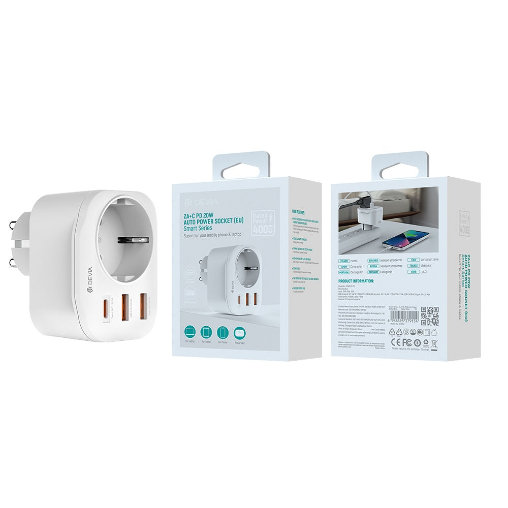 DEVIA WW09-F-PD Network Charger, 20W, 3A, 2 x USB-A - 1 x USB-C - 1 x Schuko, White