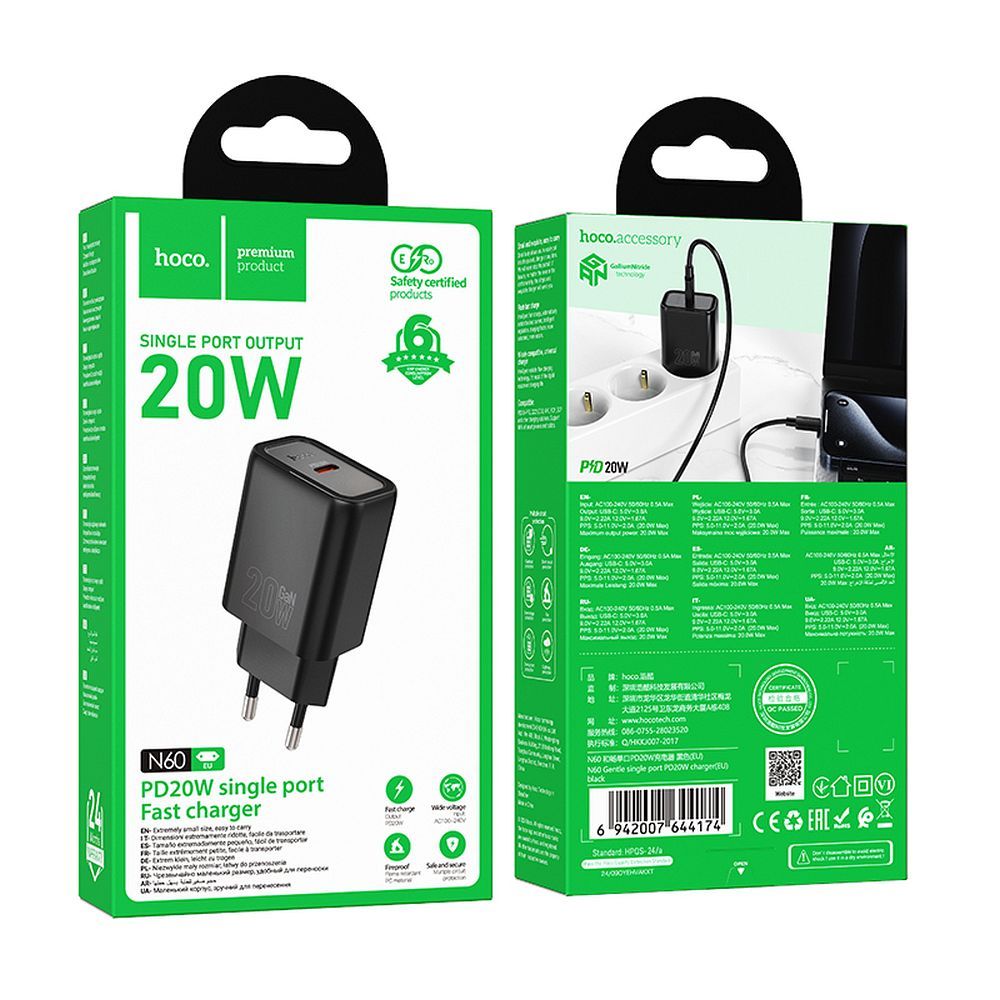 Chargeur Réseau HOCO N60, 20W, 3A, 1 x USB-C, Noir