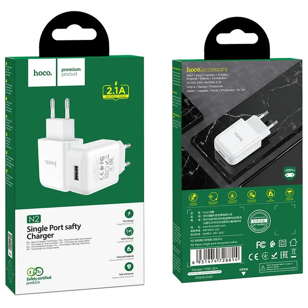 Caricatore da rete HOCO N2, 10W, 2A, 1 x USB-A, Bianco