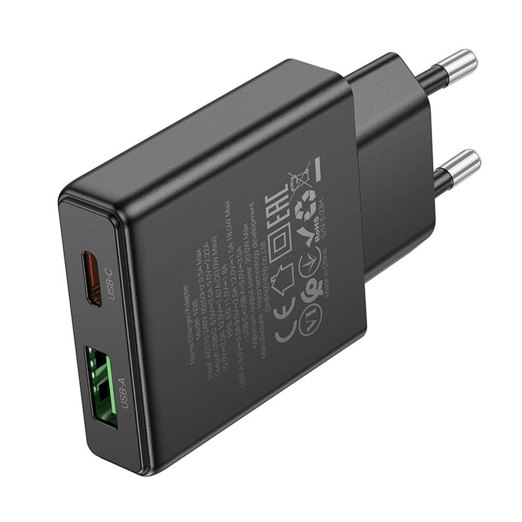 Caricabatterie Rete HOCO N38, 20W, 3A, 1 x USB-A - 1 x USB-C, Nero