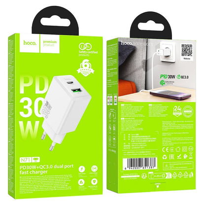HOCO N71 Network Charger, 30W, 3A, 1 x USB-A - 1 x USB-C, White