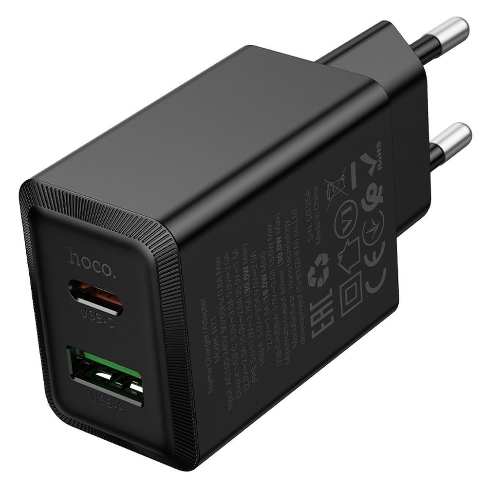 Caricabatterie da Rete HOCO N71, 30W, 3A, 1 x USB-A - 1 x USB-C, Nero