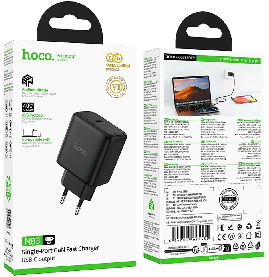 Chargeur secteur HOCO N83, 40W, 3A, 1 x USB-C, Noir