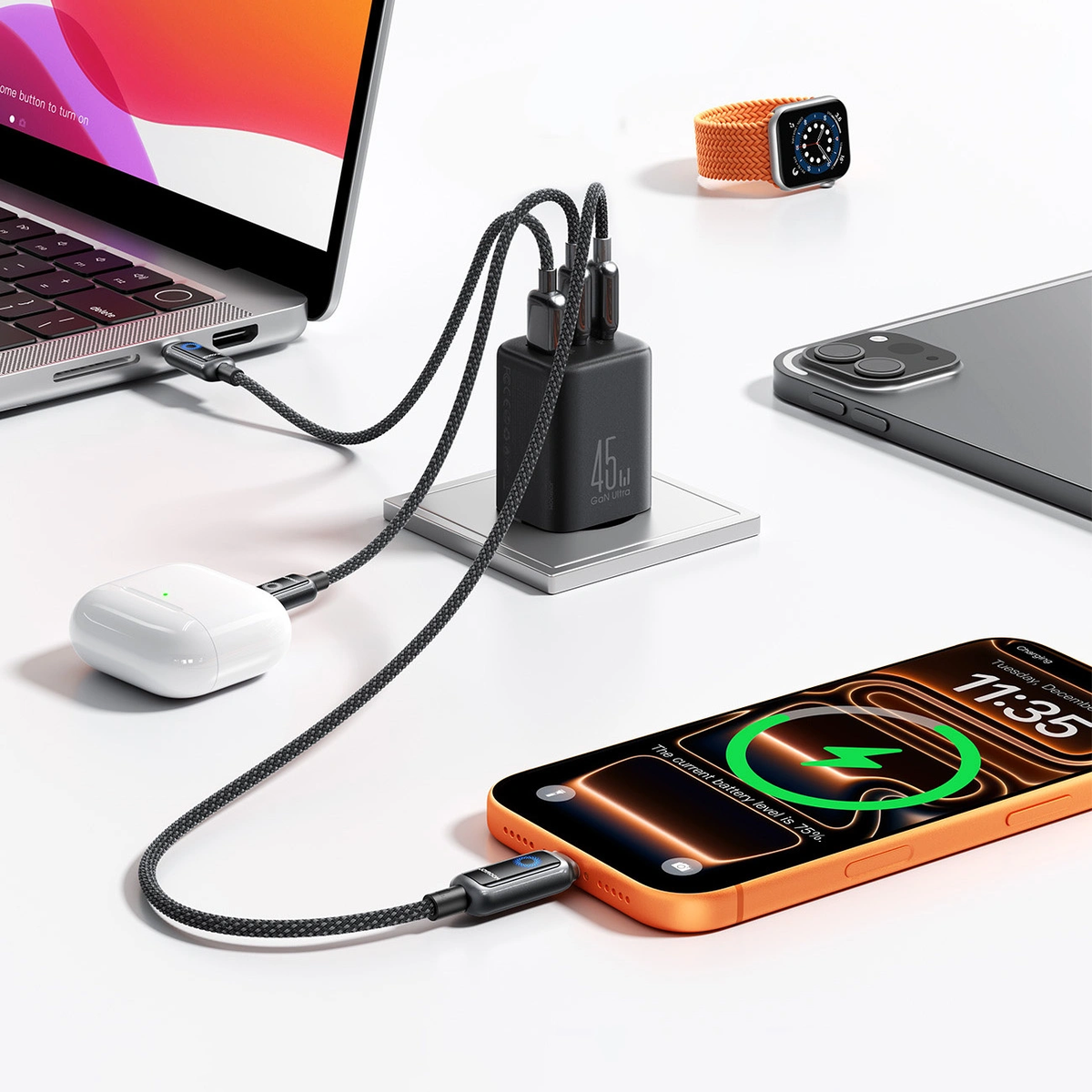 Caricatore da rete Joyroom JR-TO1, 45W, 3A, 1 x Lightning - 1 x USB-A - 1 x USB-C, Nero