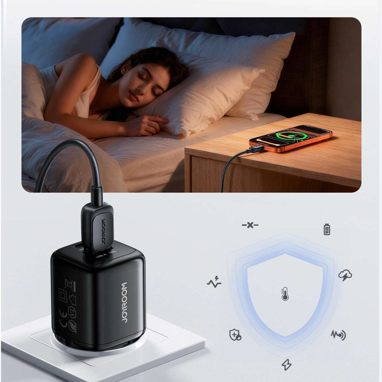 Chargeur Réseau Joyroom JR-TG7, 33W, 3A, 1 x USB-A - 1 x USB-C, Noir