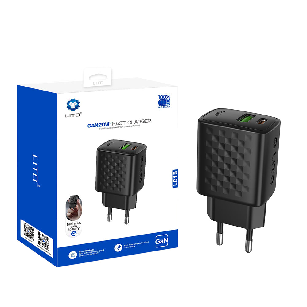 Chargeur Réseau Lito LC15, 20W, 3A, 1 x USB-A - 1 x USB-C, Noir