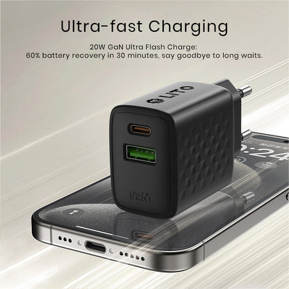 Chargeur Réseau Lito LC15, 20W, 3A, 1 x USB-A - 1 x USB-C, Noir