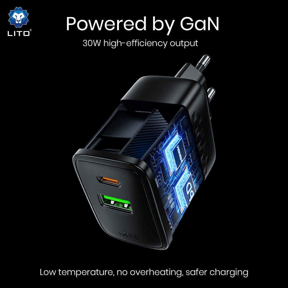 Chargeur Réseau Lito LC19, 30W, 3A, 1 x USB-A - 1 x USB-C, Noir