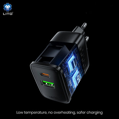 Chargeur Réseau Lito LC24, 65W, 3.25A, 1 x USB-A - 1 x USB-C, Noir