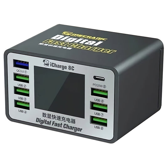 Chargeur Station Mechanic 8C avec écran, 50W, 3A, 7 x USB-A - 1 x USB-C, Noir