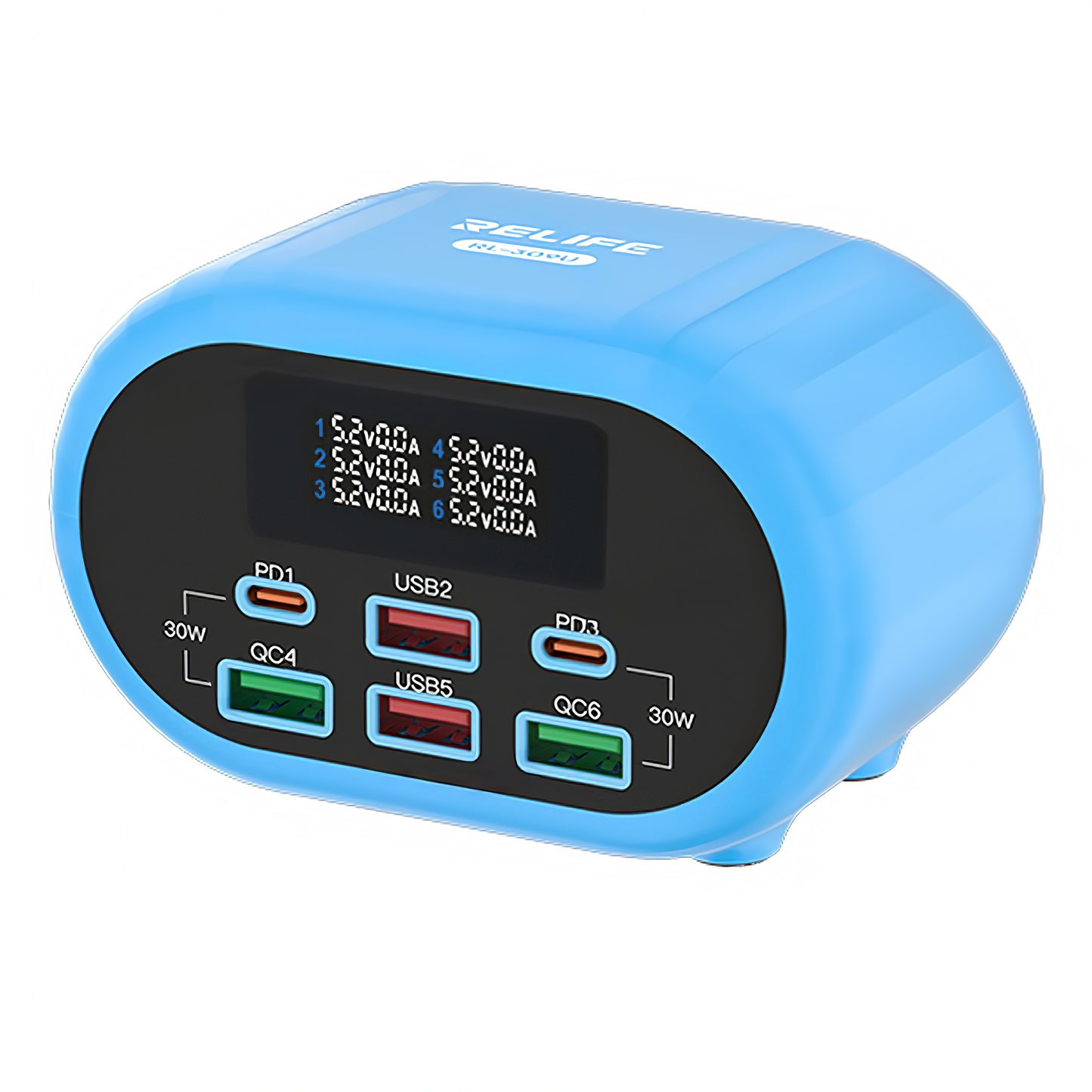 Chargeur Station Relife RL-309U, 72W, 5A, 2 x USB-C - 4 x USB-A, Bleu