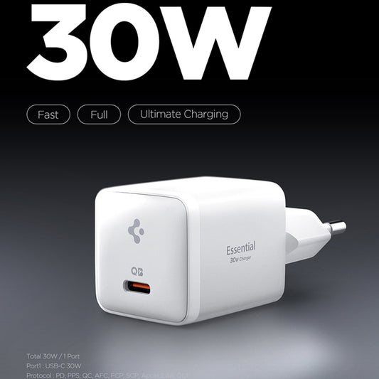 Chargeur Réseau Spigen EE301EU Essential, 30W, 3A, 1 x USB-C, Blanc ACH09492