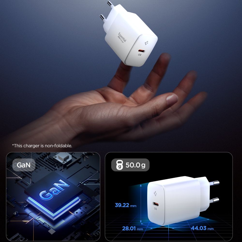 Chargeur Réseau Spigen Essential, 20W, 3A, 1 x USB-C, Blanc