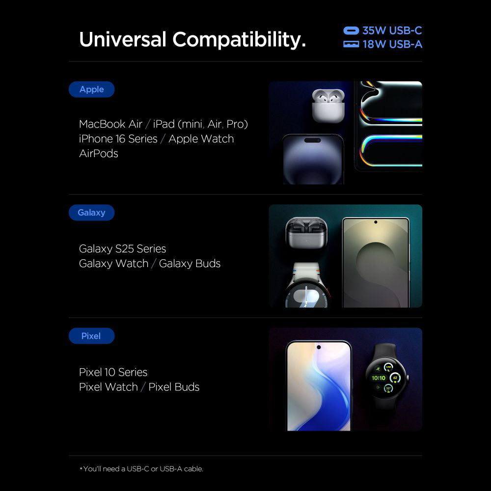 Caricabatterie Rete Spigen Essential, 35W, 3A, 1 x USB-A - 1 x USB-C, Nero