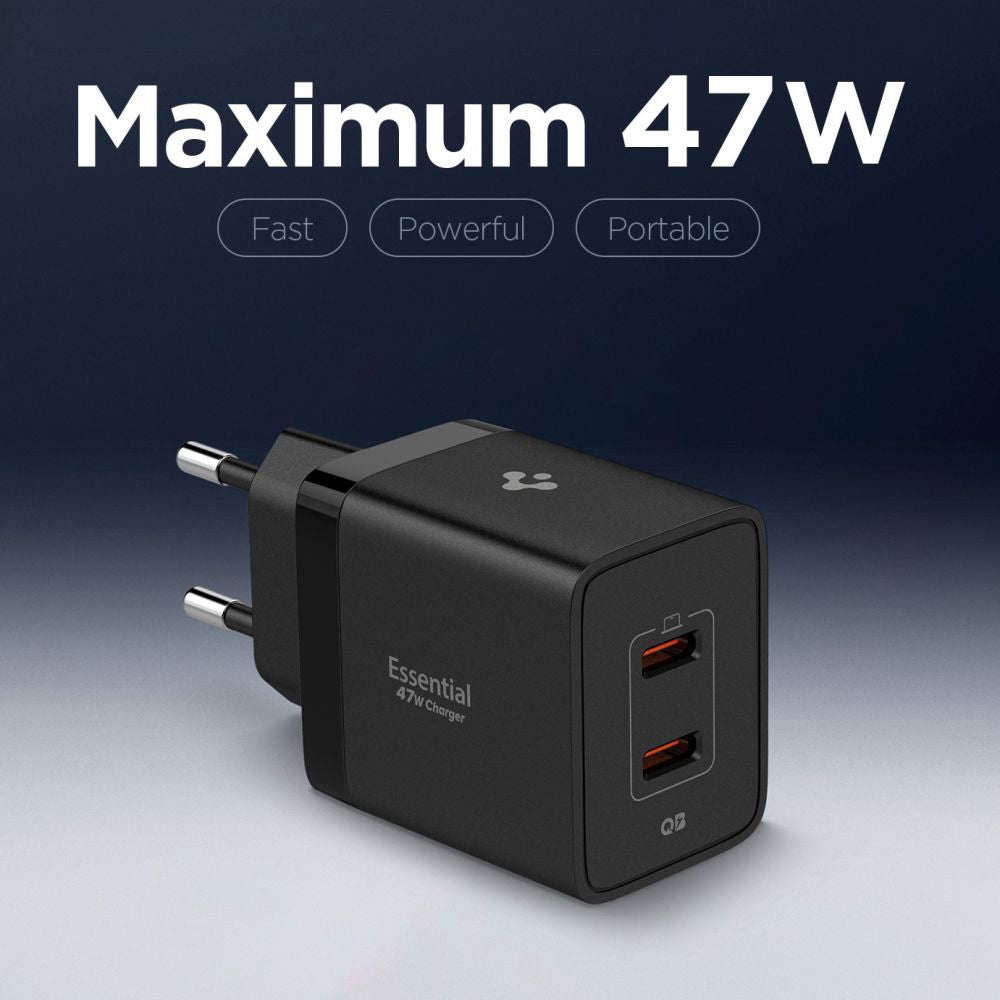 Spigen Essential Netzladegerät, 47W, 3A, 2 x USB-C, Schwarz