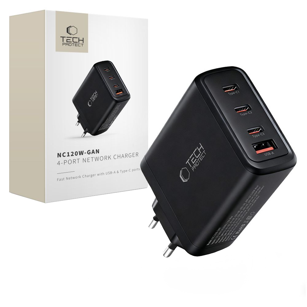 Chargeur Réseau Tech-Protect NC120W-GAN, 120W, 5A, 1 x USB-A - 3 x USB-C, Noir