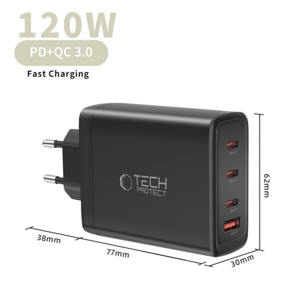 Chargeur Réseau Tech-Protect NC120W-GAN, 120W, 5A, 1 x USB-A - 3 x USB-C, Noir