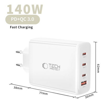 Chargeur Réseau Tech-Protect NC140W-GAN, 140W, 5A, 1 x USB-A - 3 x USB-C, Blanc